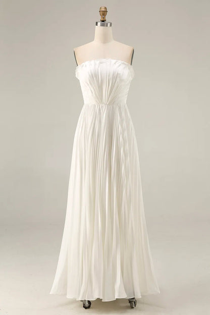 White Strapless Pleated Maxi Dress for Women Evening Gown for Wedding Guest