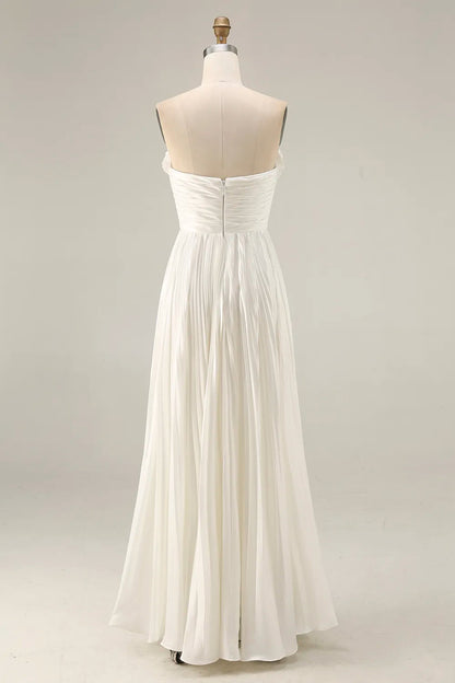 White Strapless Pleated Maxi Dress for Women Evening Gown for Wedding Guest