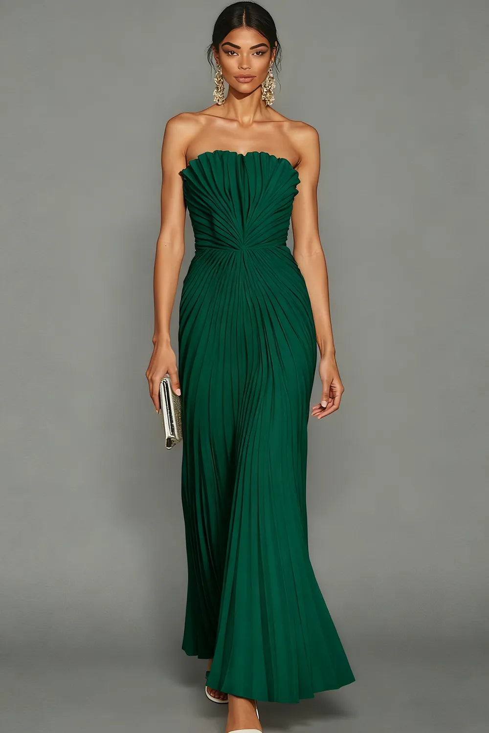 White Strapless Pleated Maxi Dress for Women Evening Gown for Wedding Guest