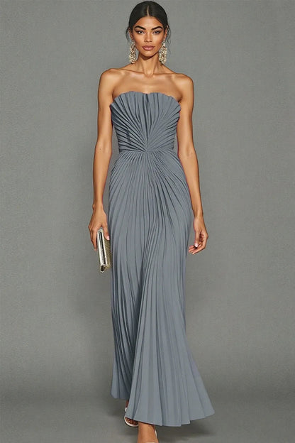 White Strapless Pleated Maxi Dress for Women Evening Gown for Wedding Guest