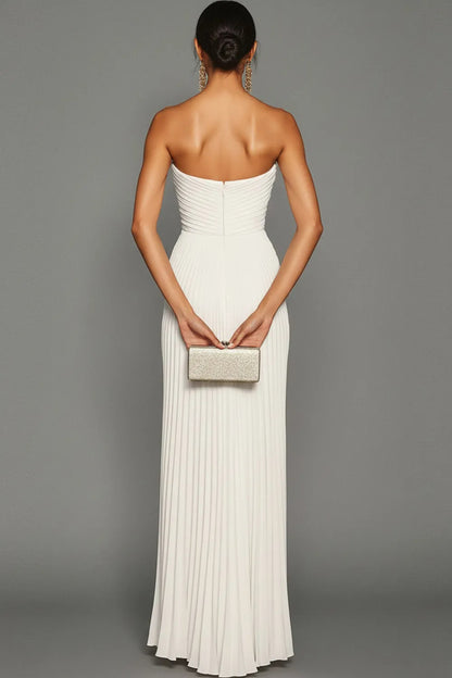 White Strapless Pleated Maxi Dress for Women Evening Gown for Wedding Guest