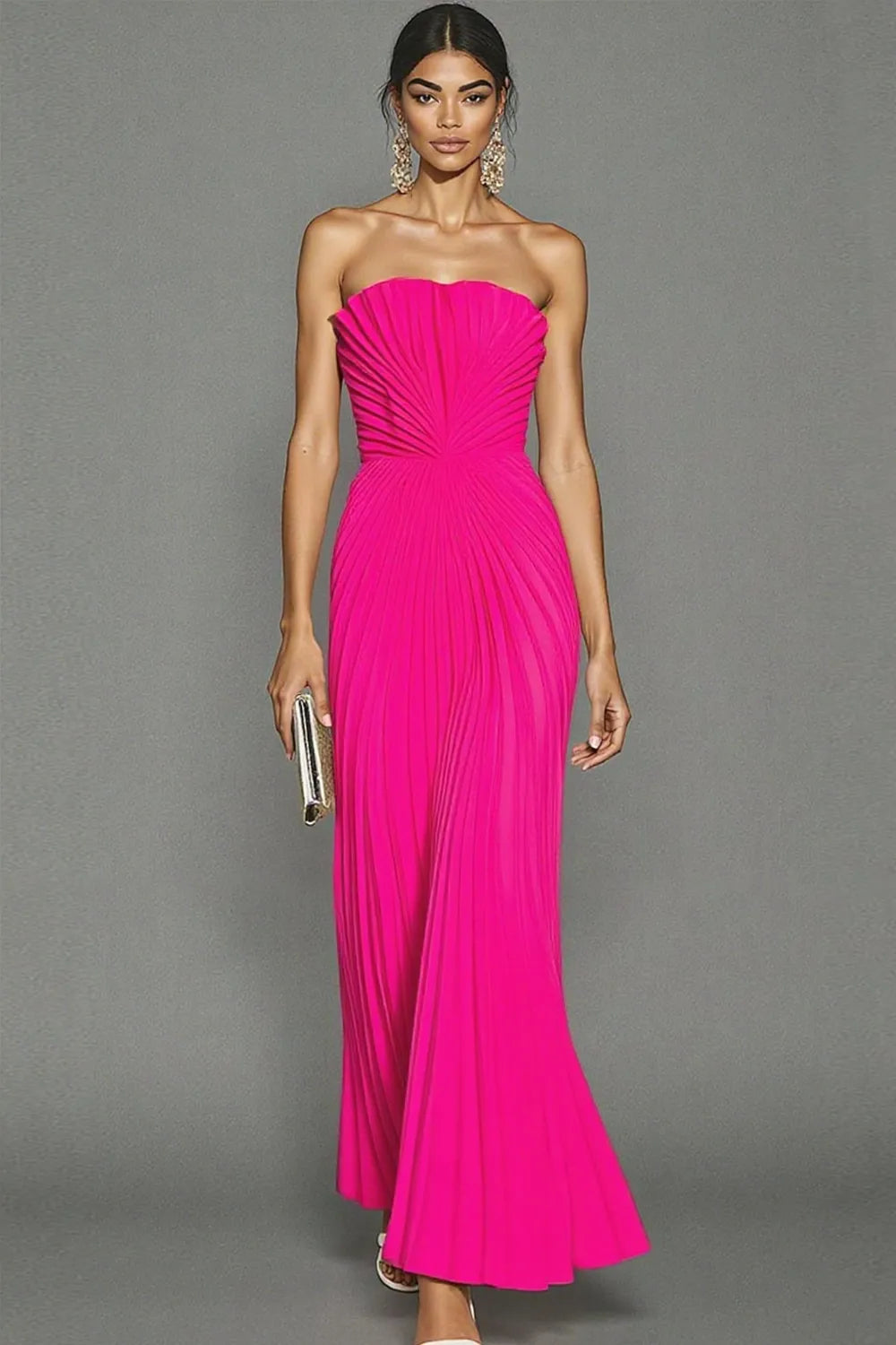 White Strapless Pleated Maxi Dress for Women Evening Gown for Wedding Guest