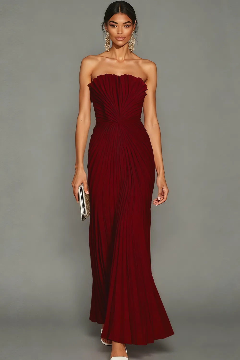White Strapless Pleated Maxi Dress for Women Evening Gown for Wedding Guest