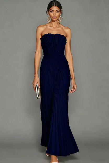 White Strapless Pleated Maxi Dress for Women Evening Gown for Wedding Guest