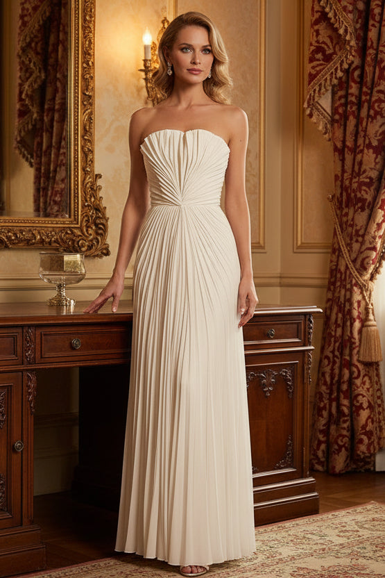 White Strapless Pleated Maxi Dress for Women Evening Gown for Wedding Guest