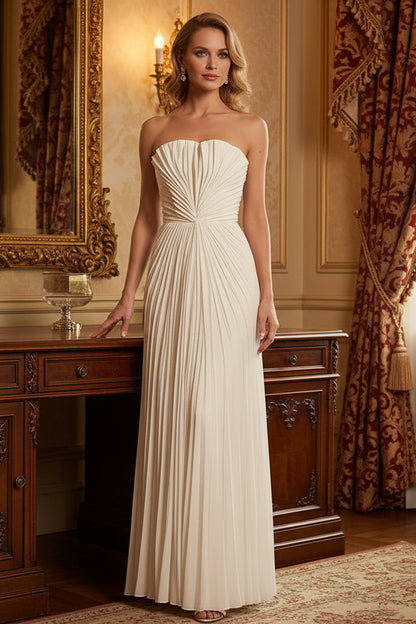 White Strapless Pleated Maxi Dress for Women Evening Gown for Wedding Guest