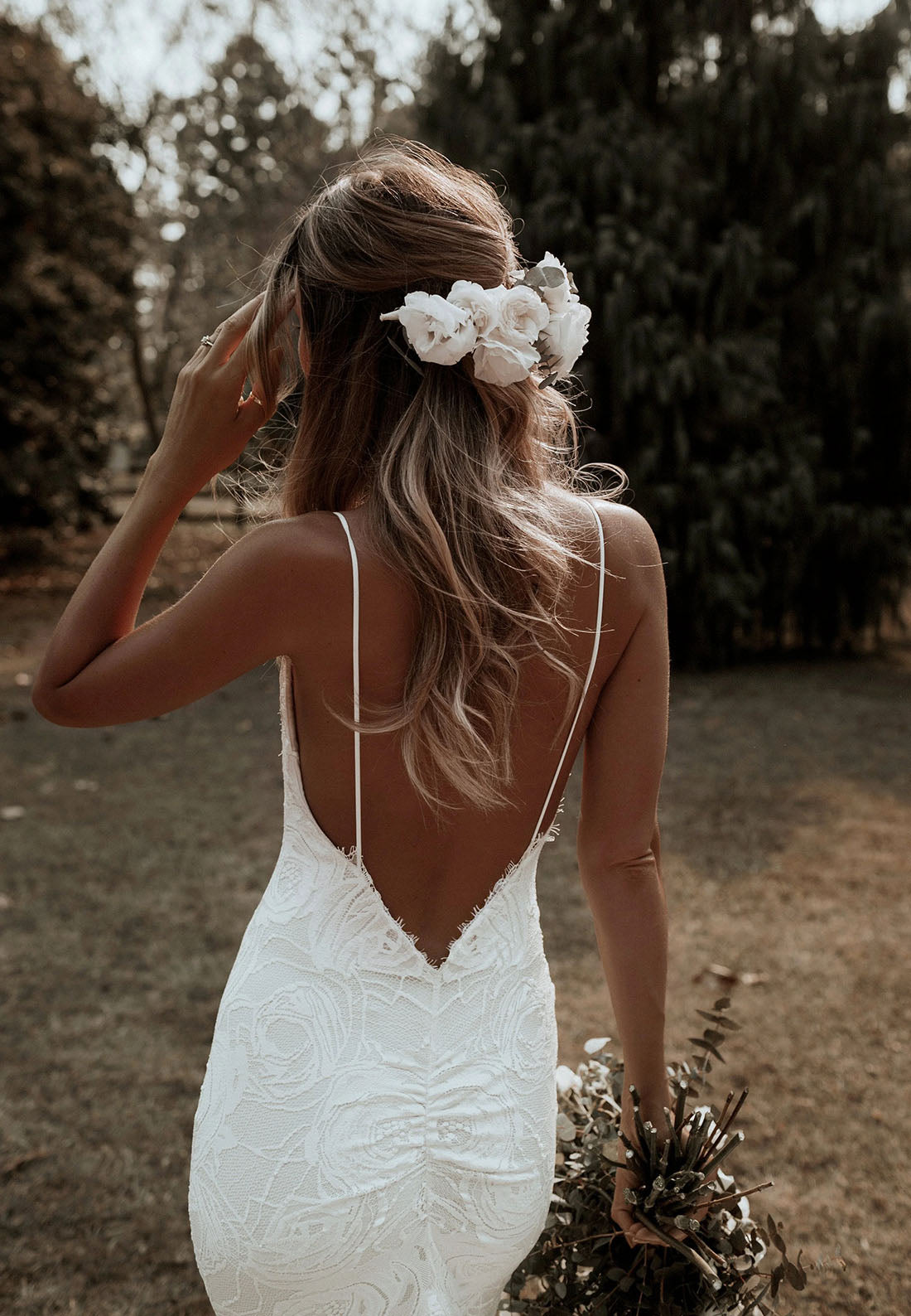 Boho Lace Mermaid Wedding Dress V Neck Backless Bridal Gown with Sweep Train