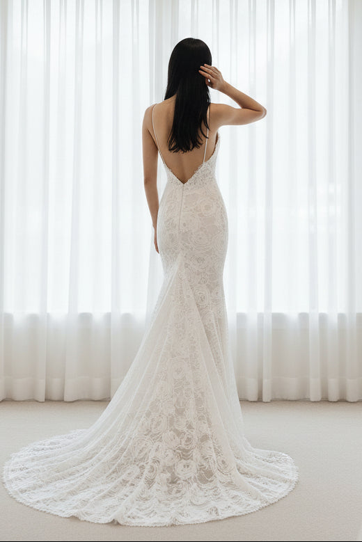 Boho Lace Mermaid Wedding Dress V Neck Backless Bridal Gown with Sweep Train