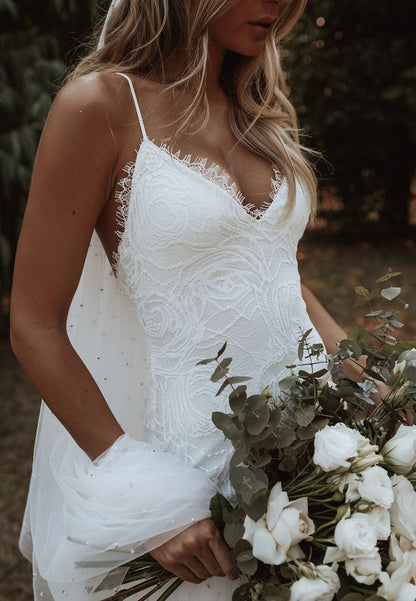 Boho Lace Mermaid Wedding Dress V Neck Backless Bridal Gown with Sweep Train