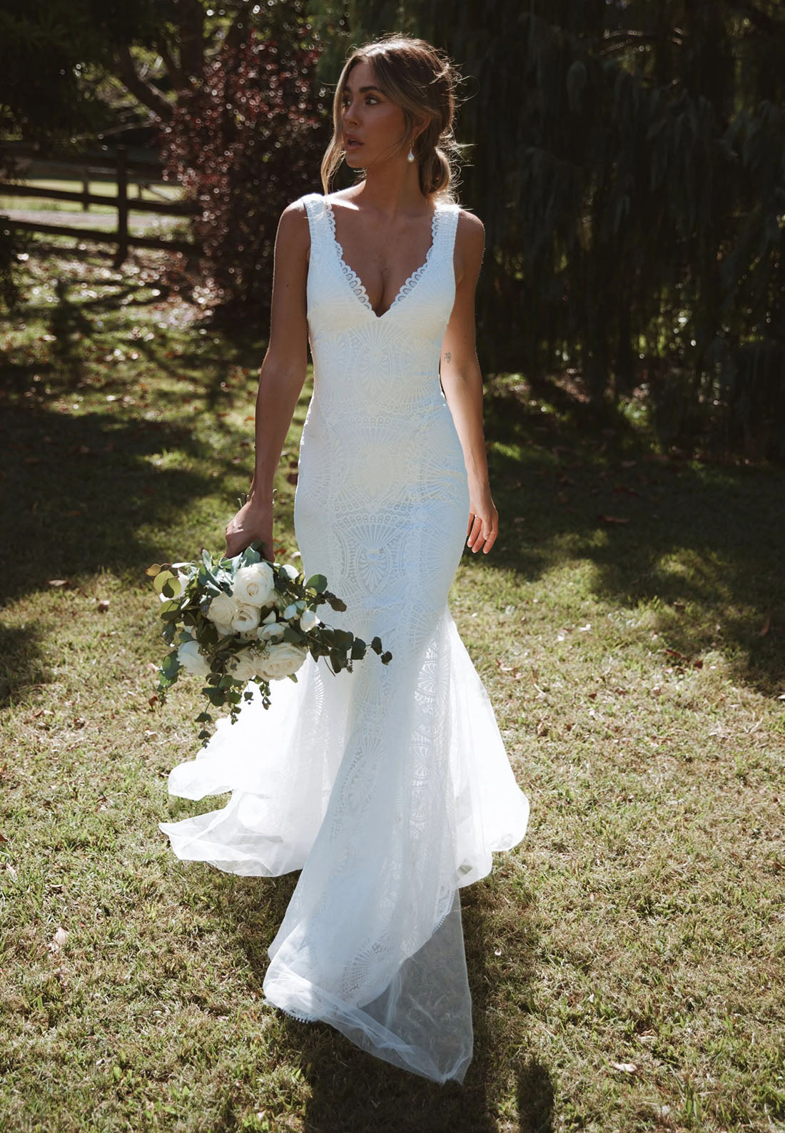 Backless Lace Mermaid Wedding Dress with Cathedral Train | Boho Bridal Gown