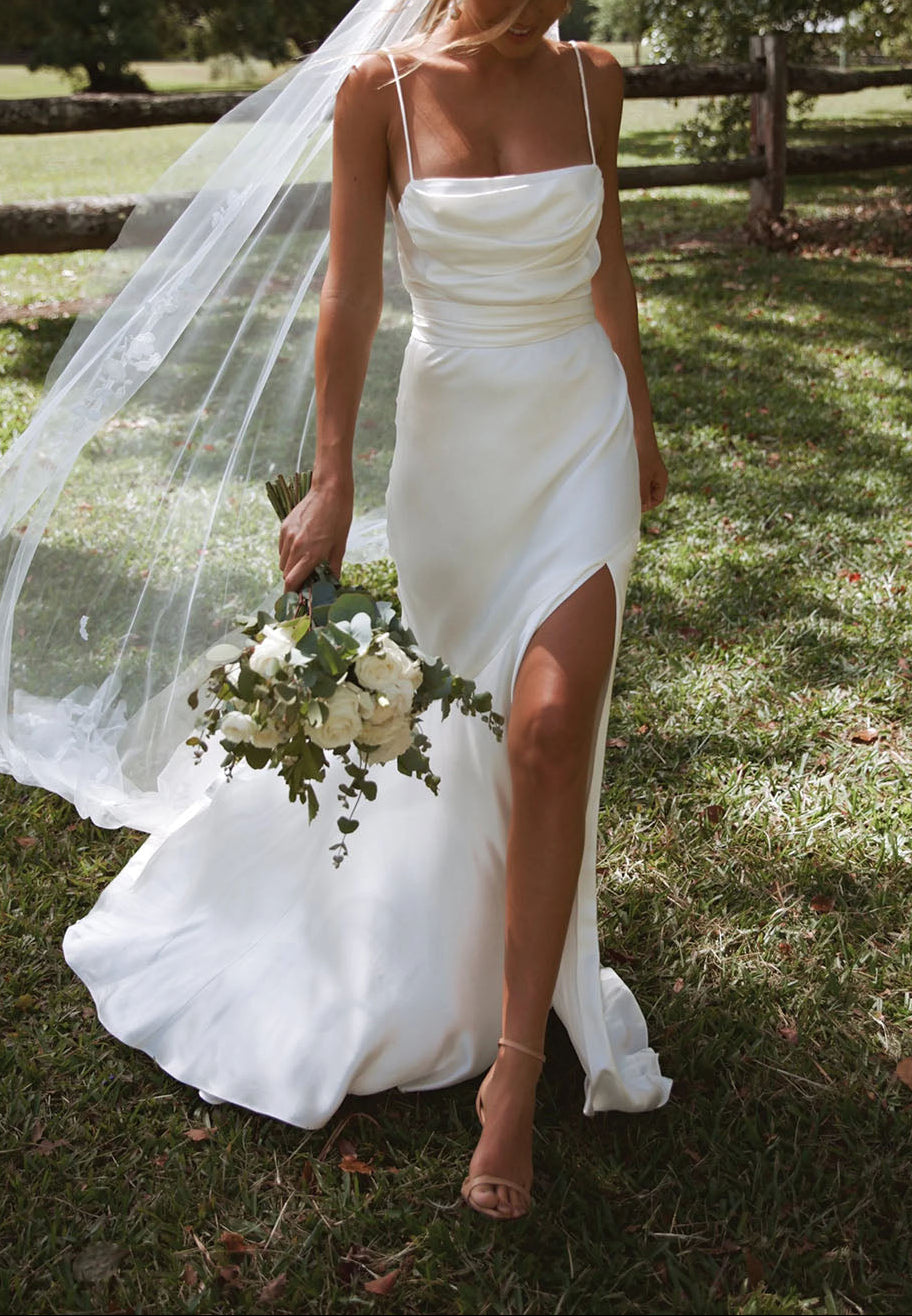 Satin Mermaid Wedding Dress with Spaghetti Straps and Leg Slit