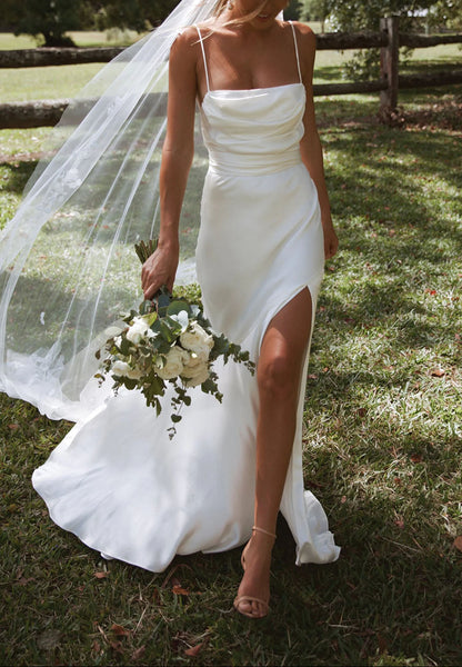 Satin Mermaid Wedding Dress with Spaghetti Straps and Leg Slit