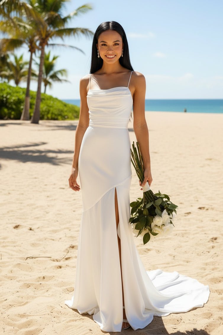 Satin Mermaid Wedding Dress with Spaghetti Straps and Leg Slit