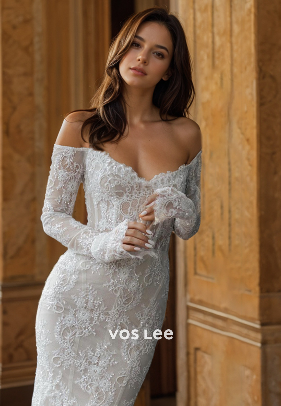 Luxury Merimaid Off Shoulder Sheath Backless Long Sleeves Beaded Lace Appliques Wedding Dress