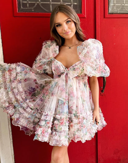 Charming A-Line Puff Sleeves Short Tulle Homecoming Dress
