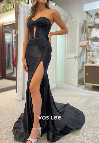 Sexy  Strapless Ruched Sweetheart Side Split Mermaid Prom Dresses with Sweep Train
