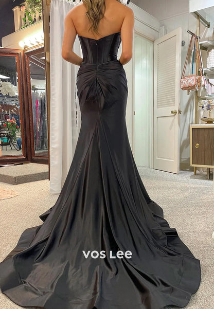 Sexy  Strapless Ruched Sweetheart Side Split Mermaid Prom Dresses with Sweep Train