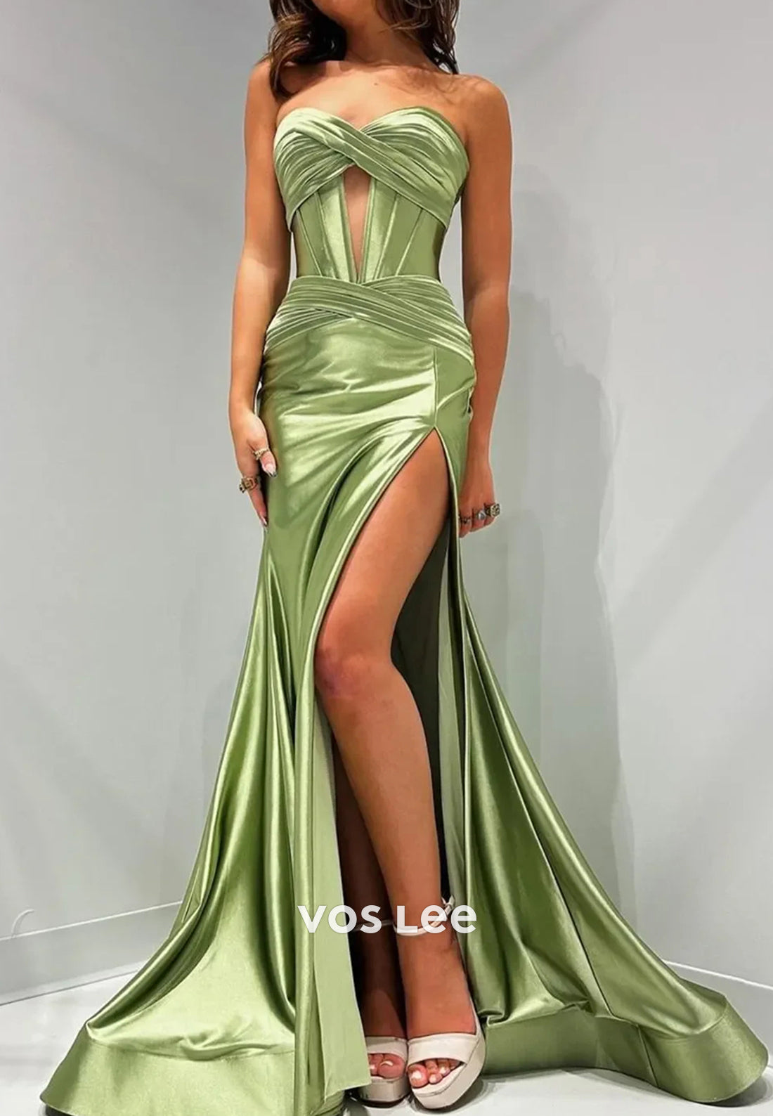 Sexy  Strapless Ruched Sweetheart Side Split Mermaid Prom Dresses with Sweep Train