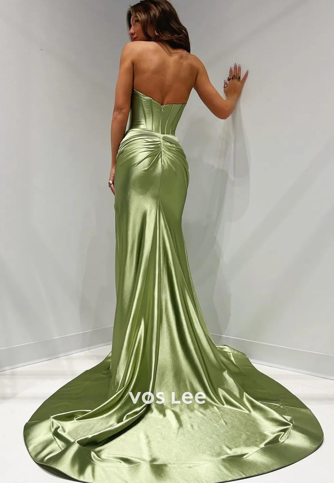Sexy  Strapless Ruched Sweetheart Side Split Mermaid Prom Dresses with Sweep Train