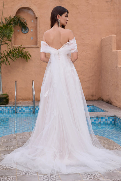 White A Line Off the Shoulder Tulle Lace Bridal Party Dress with Embroidery