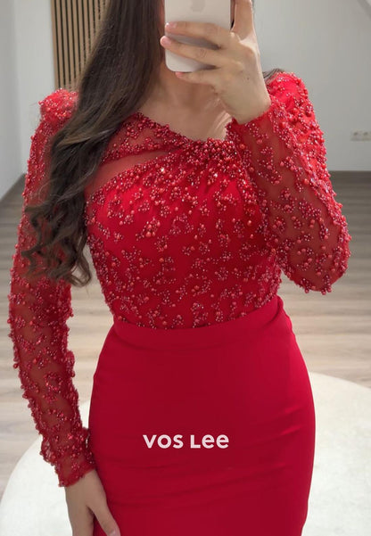 Empire Waist Long Sleeves Lace Pearl Mermaid Formal Dresses with Slit