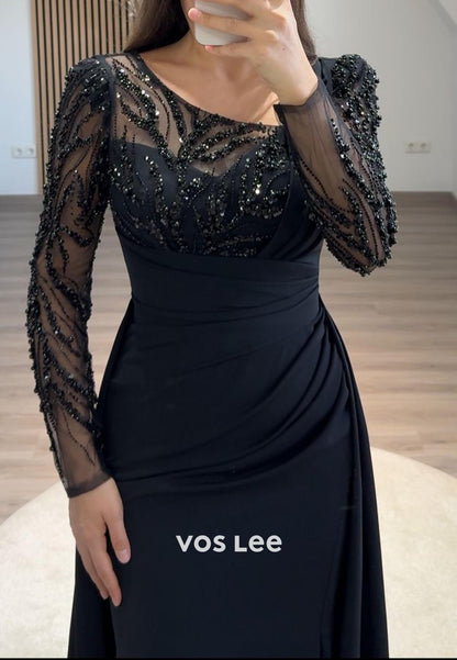 Long Sleeves Beaded Lace Mermaid Formal Dresses with With Sweep Train
