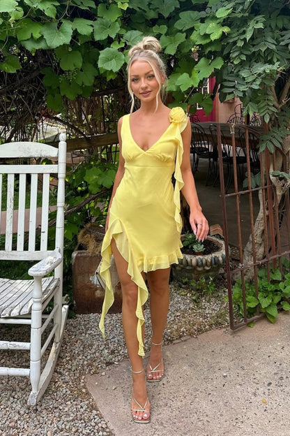 Yellow Asymmetrical Ruffle Hem Homecoming Dress with Floral Shoulder Detail