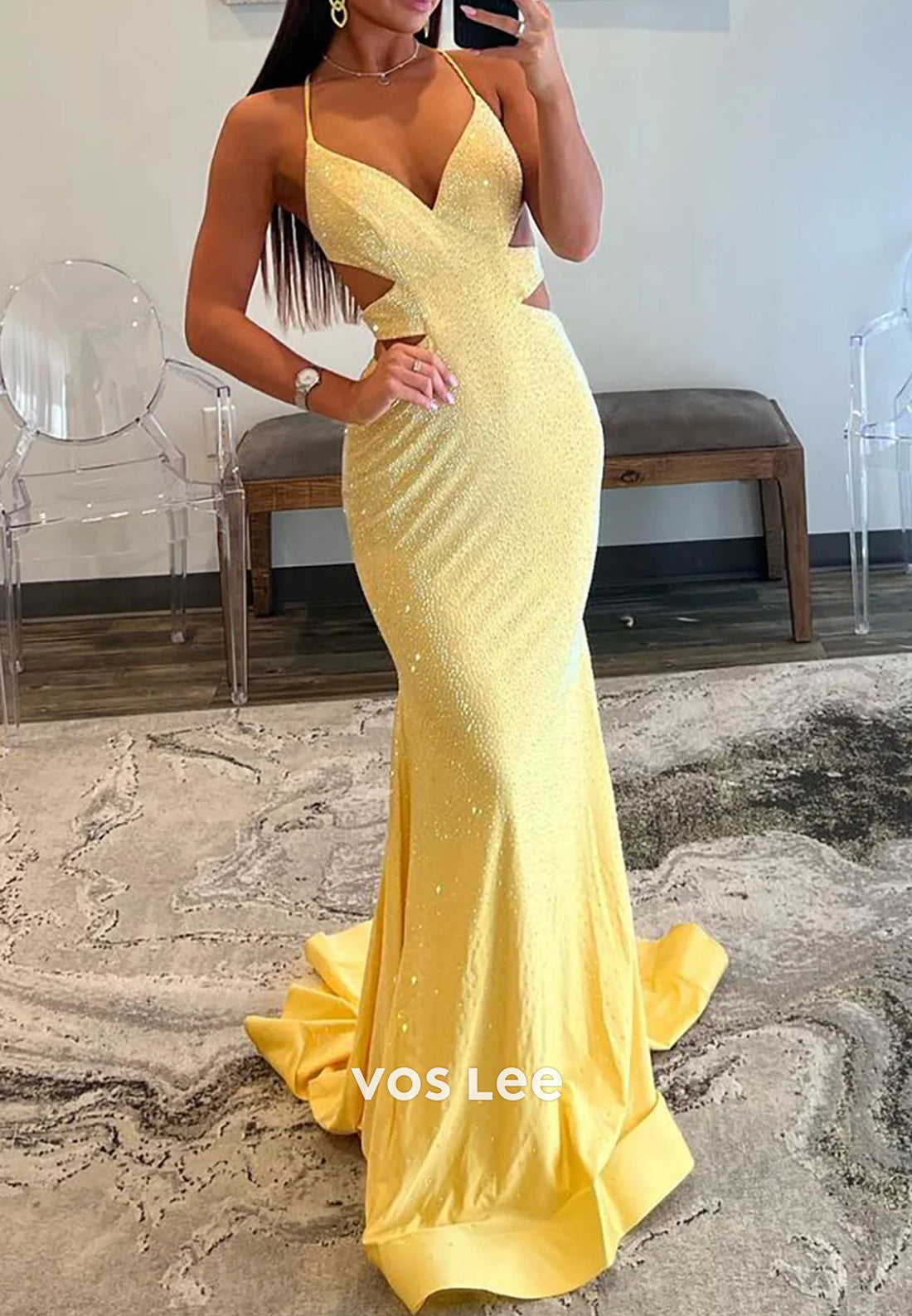 Chic & Modern V Neck Spaghetti Straps Ruched Mermaid Prom Dresses with Sweep Train