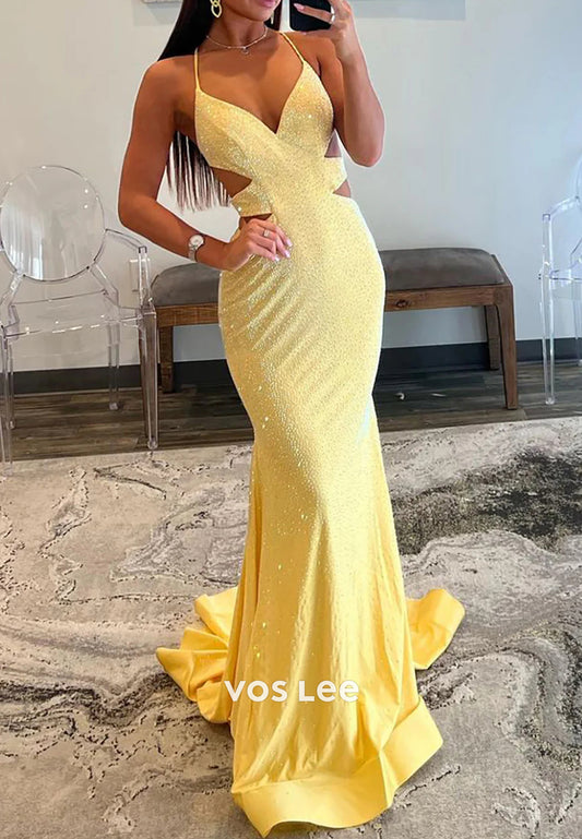 Chic & Modern V Neck Spaghetti Straps Ruched Mermaid Prom Dresses with Sweep Train