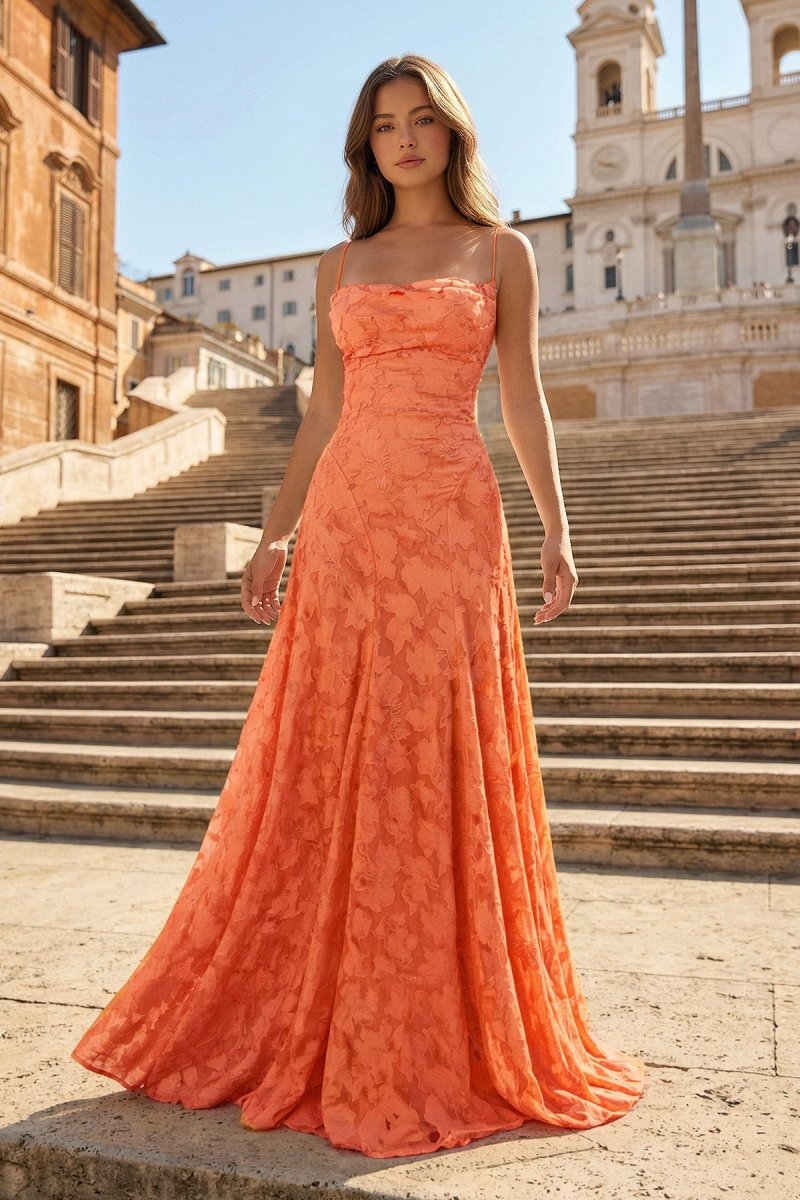 Pink A-Line Lace Floral Spaghetti Straps Long Prom Dresses