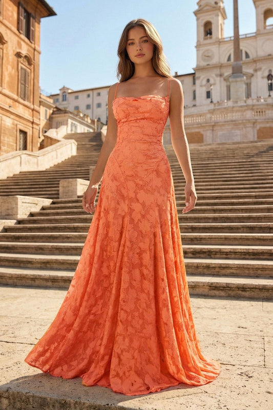 Pink A-Line Lace Floral Spaghetti Straps Long Prom Dresses