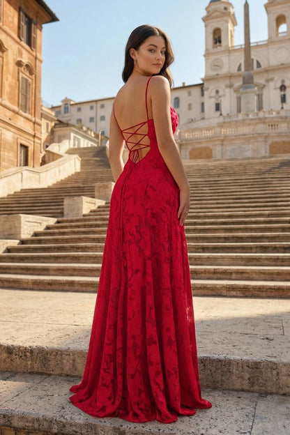 Pink A-Line Lace Floral Spaghetti Straps Long Prom Dresses