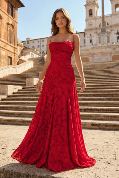 Pink A-Line Lace Floral Spaghetti Straps Long Prom Dresses