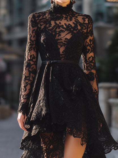 Black High-Neck Lace Asymmetrical Gown