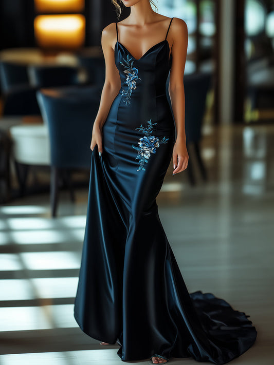 Midnight Satin Floral Embroidered Mermaid Gown