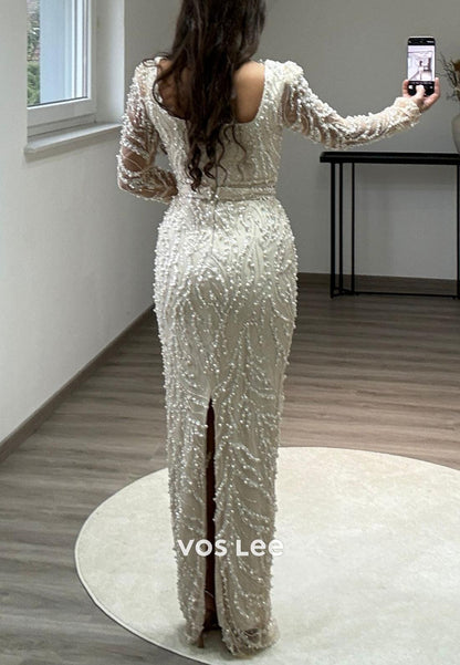 Elegance Allover Lace Beaded Long Sleeves Mermaid Evening  Formal Dresses