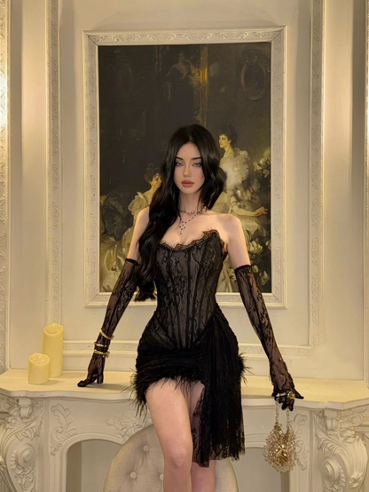 Black Lace Sheath Birthday Dress Short Prom Dresses with Sleeves