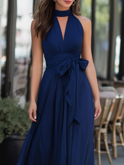 Halter Neck Tie-Waist Flowing Maxi Dress