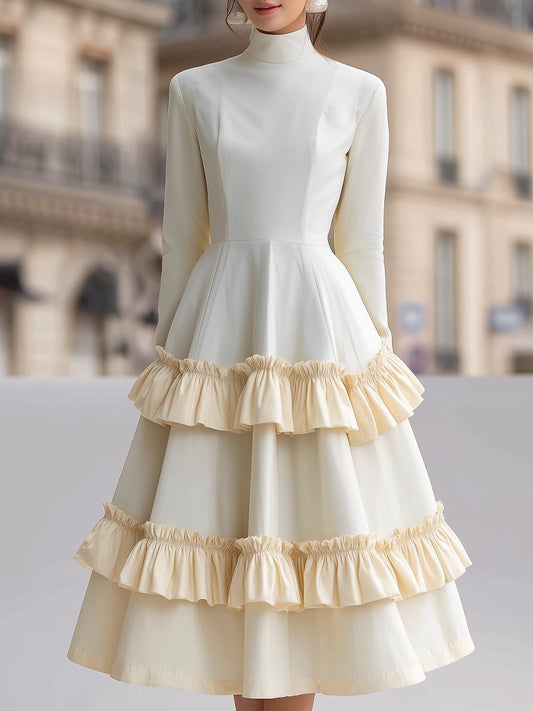 Tiered Ruffle Midi Dress With High-Neck Silhouette