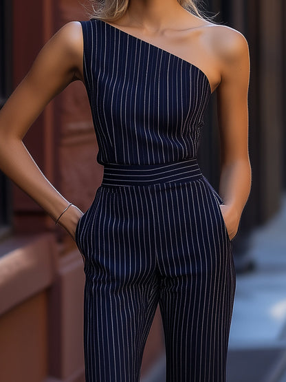 One-Shoulder Black Pinstripe Wide-Leg Jumpsuit