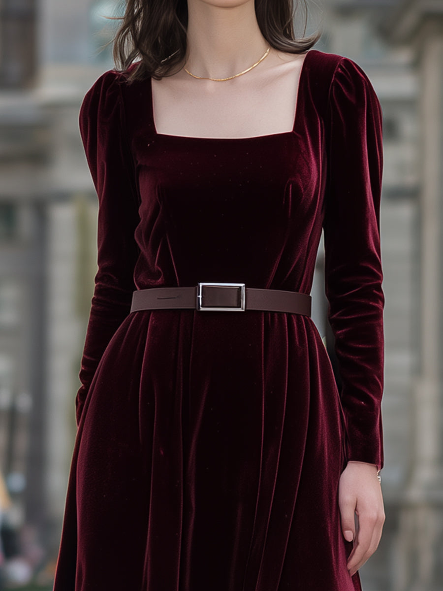 Burgundy Velvet Midi Dress With Square Neckline