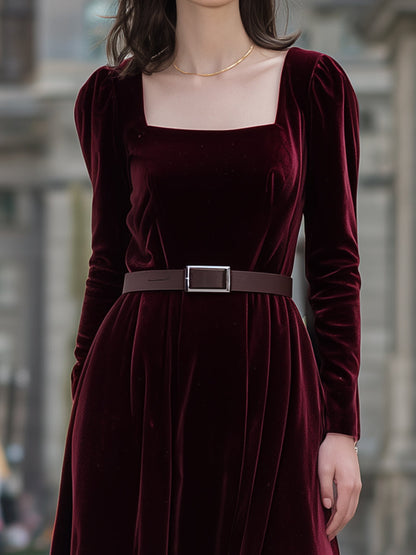 Burgundy Velvet Midi Dress With Square Neckline