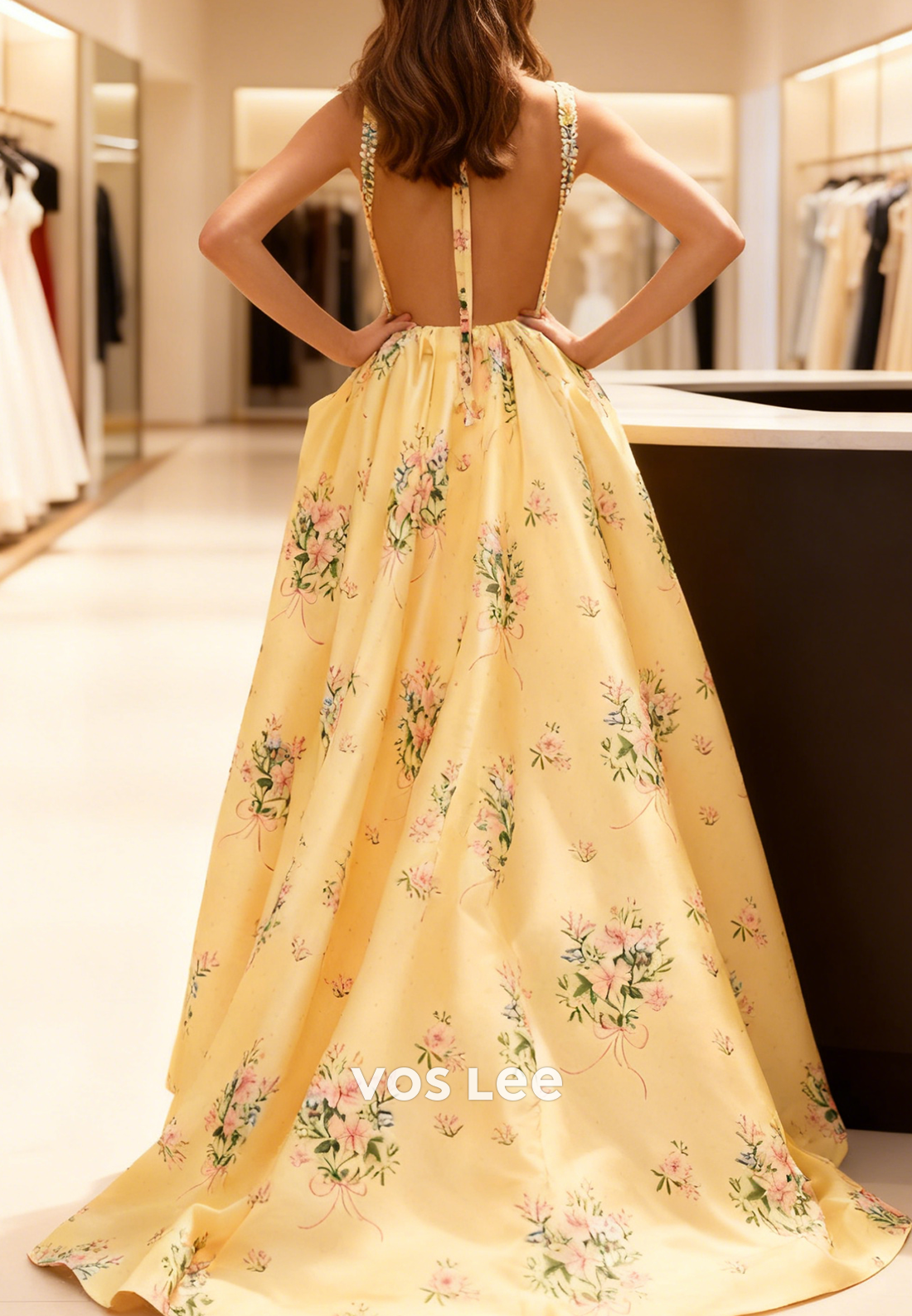 Square Neck Bead Pearls Print flowers Backless A Line Prom Dress