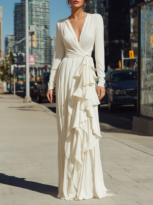 Ivory Draped Maxi Dress With Cascading Ruffles