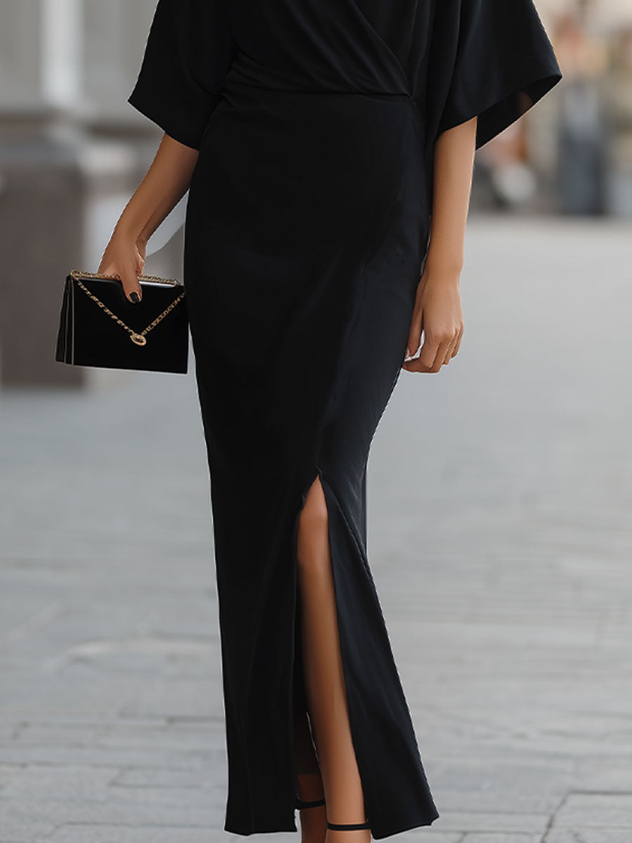 Chic Black  Wrap Dress With High Slit