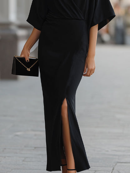 Chic Black  Wrap Dress With High Slit