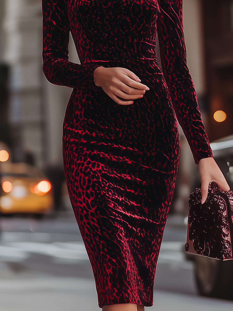Velvet Leopard Print Bodycon Dress With High Neck