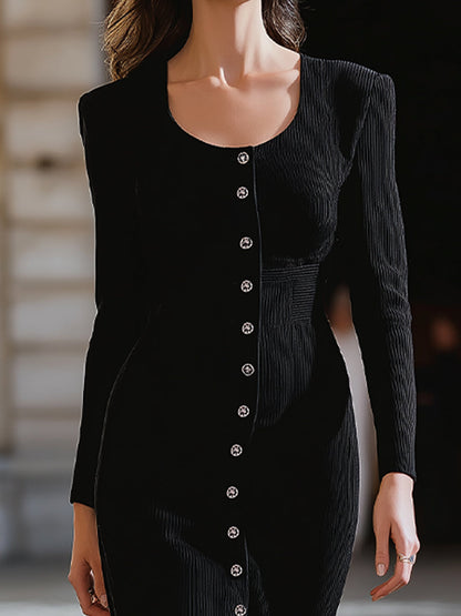 Elegant Ribbed Knit Button-Front Midi Dress