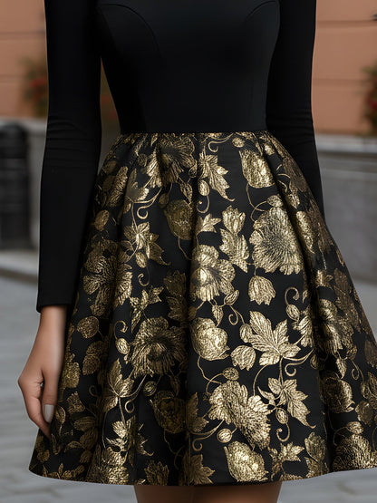 Square-Neck Dress With Gold Jacquard Skirt