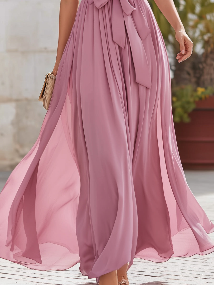 Halter V-Neck Tie-Waist Flowing Maxi Dress